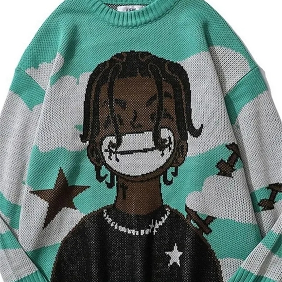 Sweaters - Graphic Knit Sweater Dress with Cartoon Design